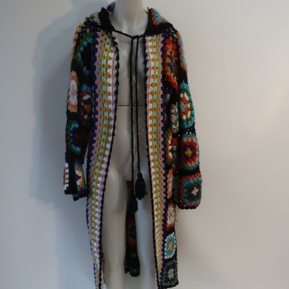 NWT Womens Tina Demel Black Multicolor Long Open Hood Duster Cardigan Sweater OS - Picture 1 of 13